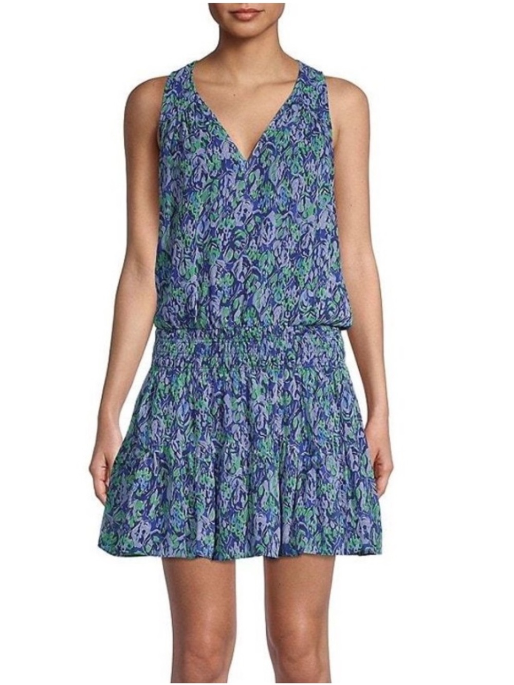 Ramy Brook Perry Blue & Green Abstract Floral Blouson Mini Dress S